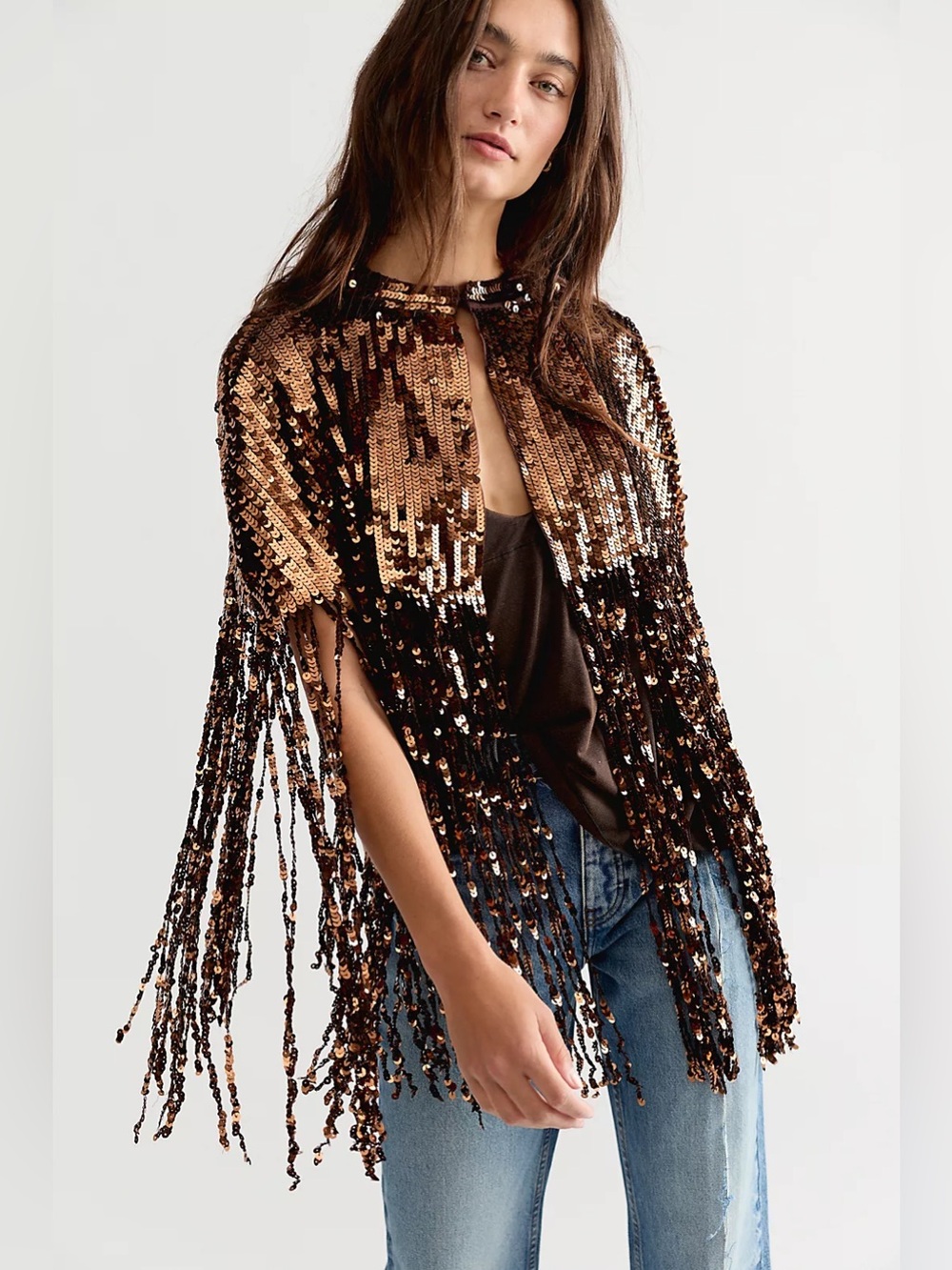 Free People All Night Long Sequin Cape NWT XS/S Bronze MSRP $98